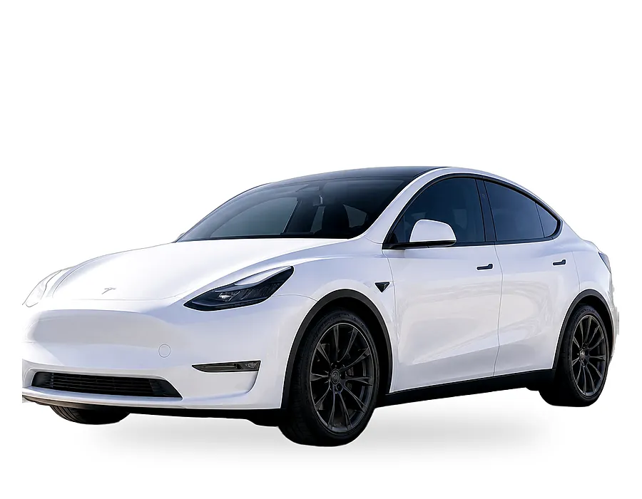 White Tesla Model Y at Audio MotorSports with Solar Ceramic tint on the two front windows