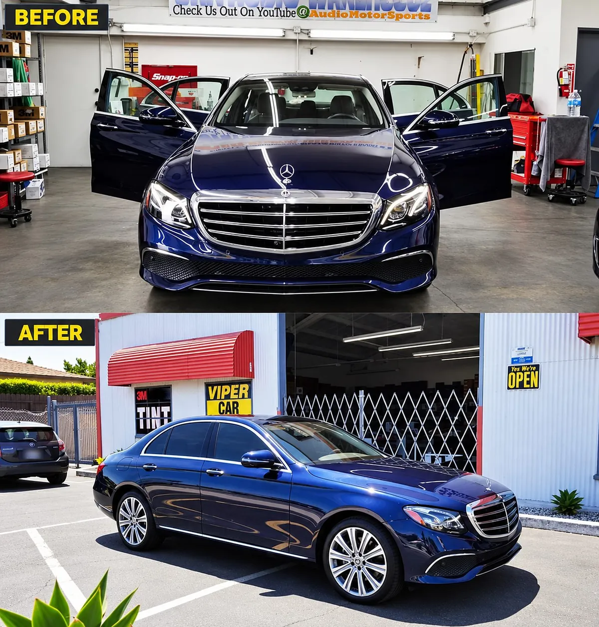 Hand-cut window tint on this Mercedes-Benz E-Class, before and after